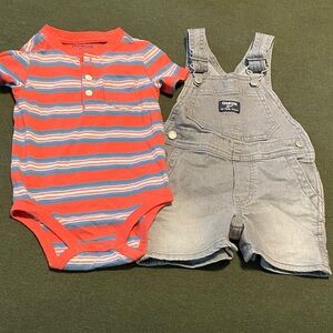 OshKosh Striped Red & Blue Baby Bodysuit with Denim Shortalls